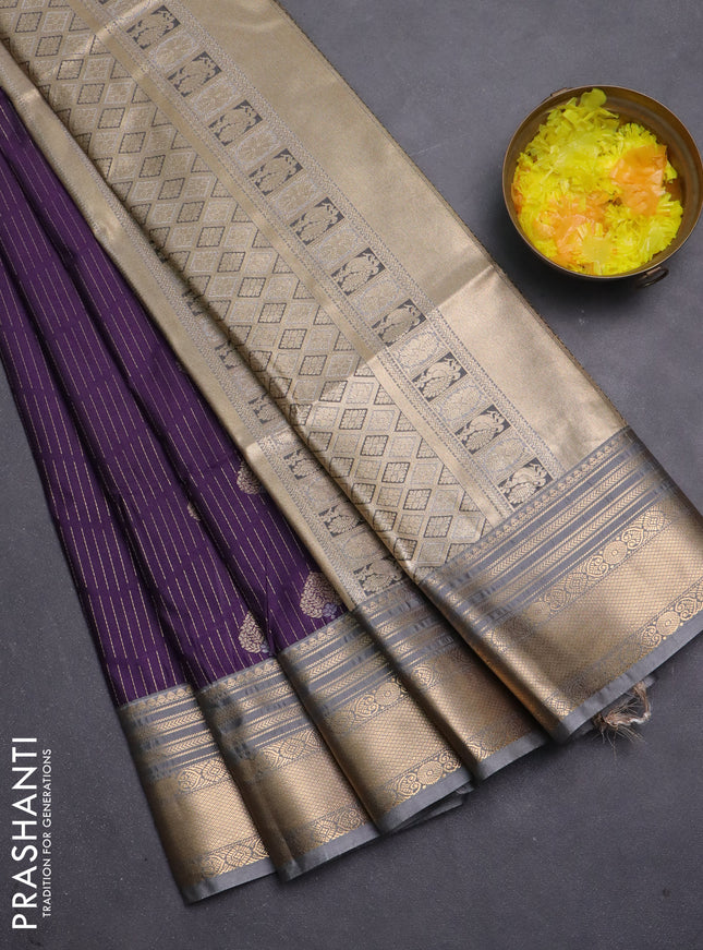 Semi soft silk saree purple and grey with allover zari weaves & buttas and zari woven border