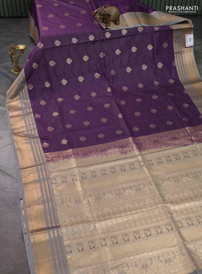 Semi soft silk saree purple and grey with allover zari weaves & buttas and zari woven border