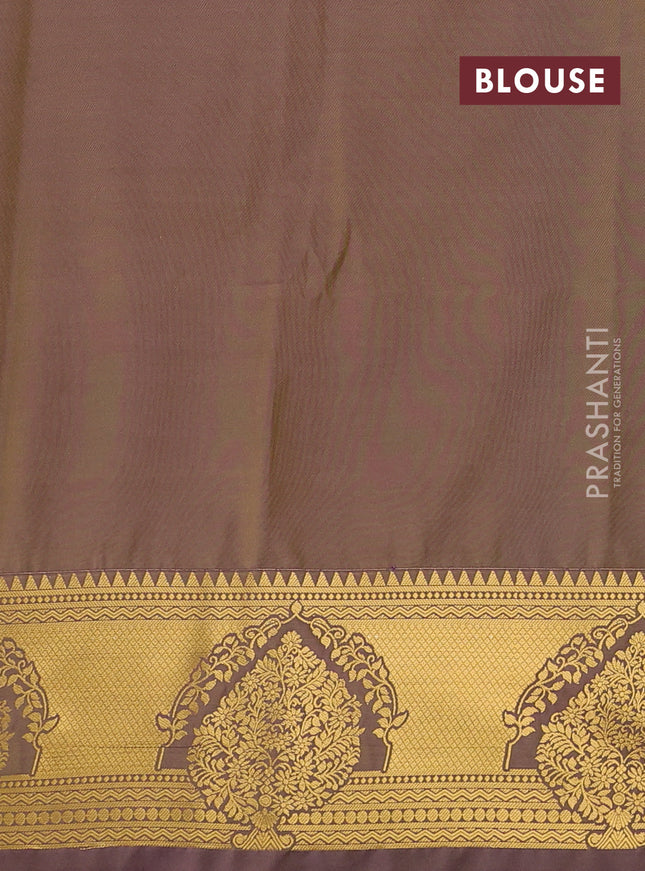 Semi soft silk saree mustard yellow and violet with allover zari weaves & buttas and zari woven butta korvai border