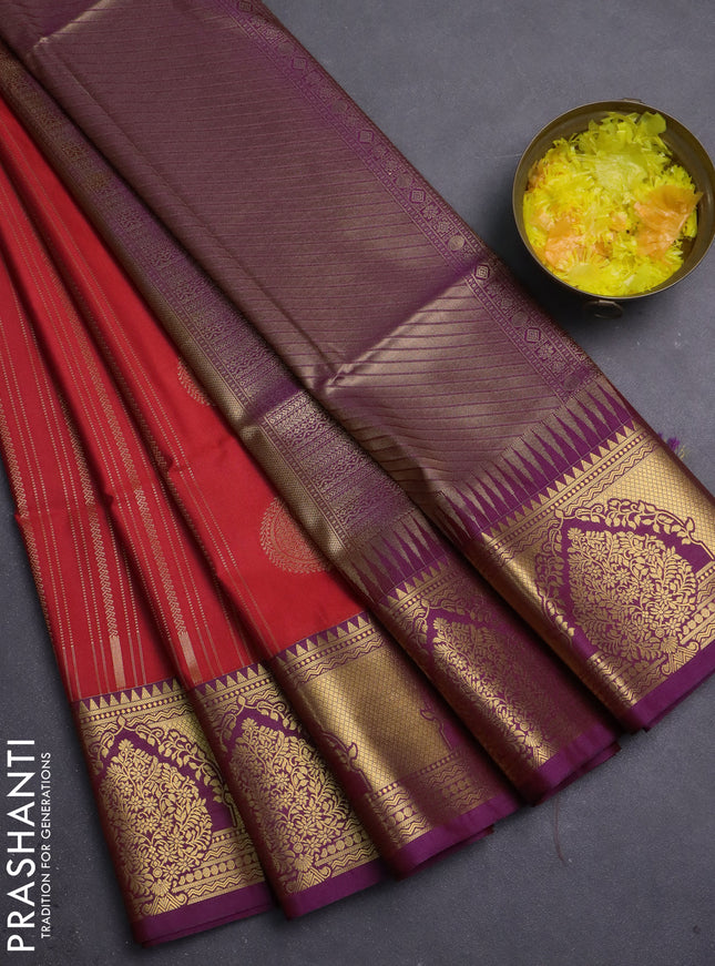 Semi soft silk saree red and purple with allover zari weaves & buttas and zari woven butta korvai border