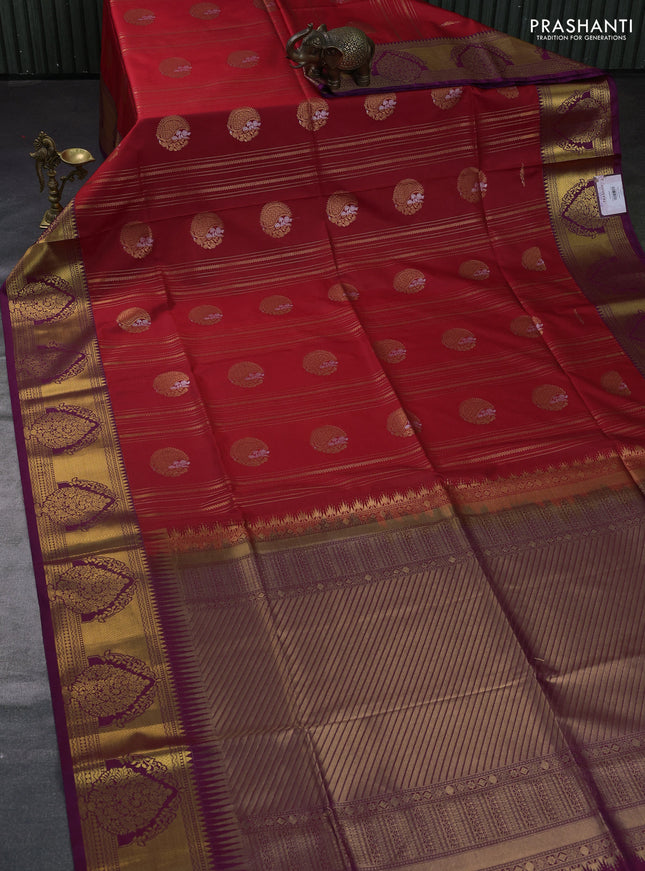 Semi soft silk saree red and purple with allover zari weaves & buttas and zari woven butta korvai border