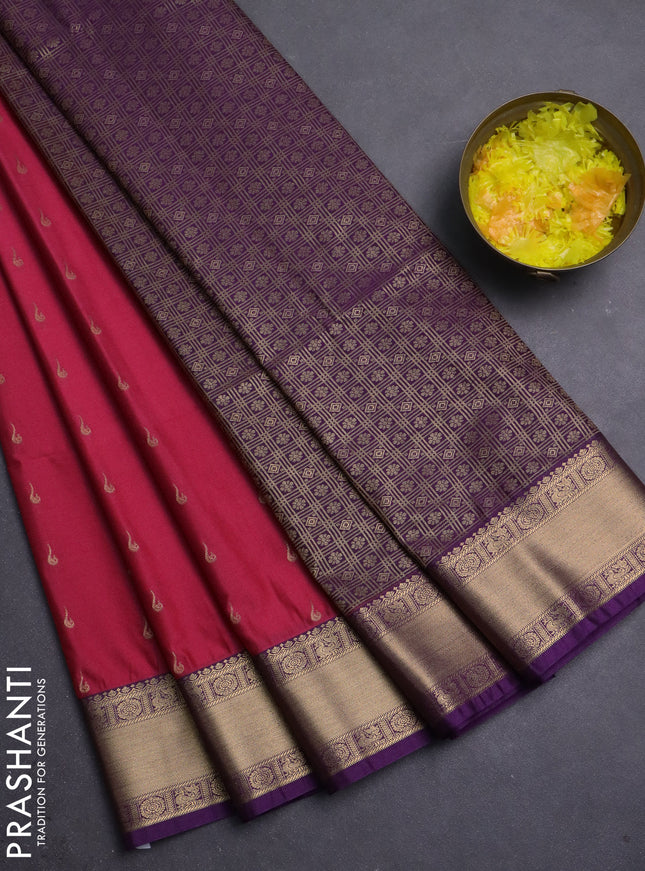 Semi soft silk saree pink and purple with allover zari woven buttas and zari woven border
