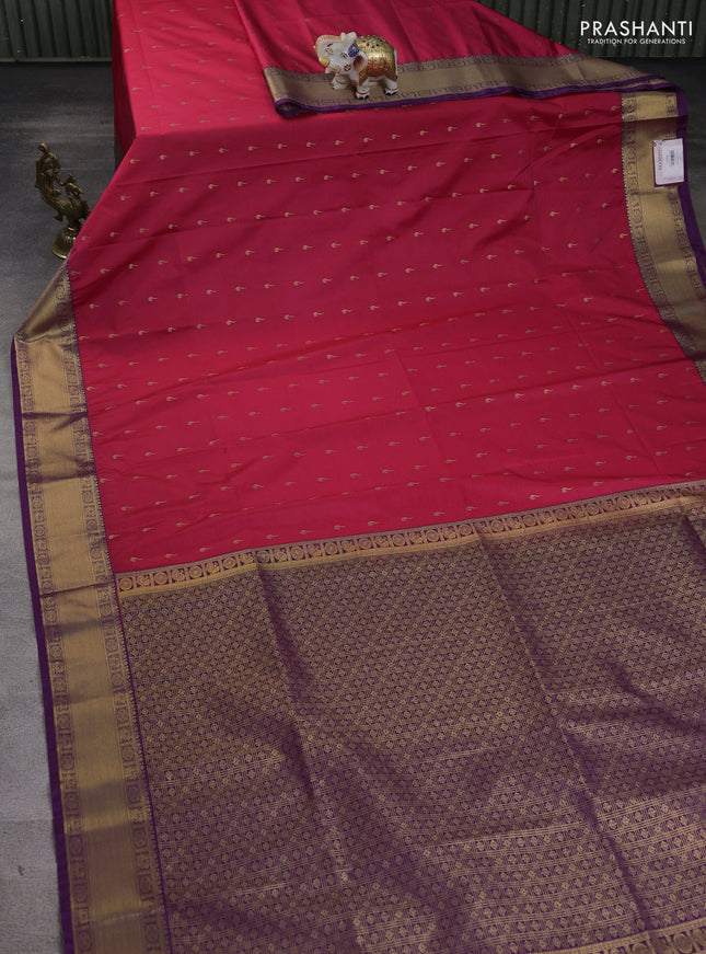Semi soft silk saree pink and purple with allover zari woven buttas and zari woven border