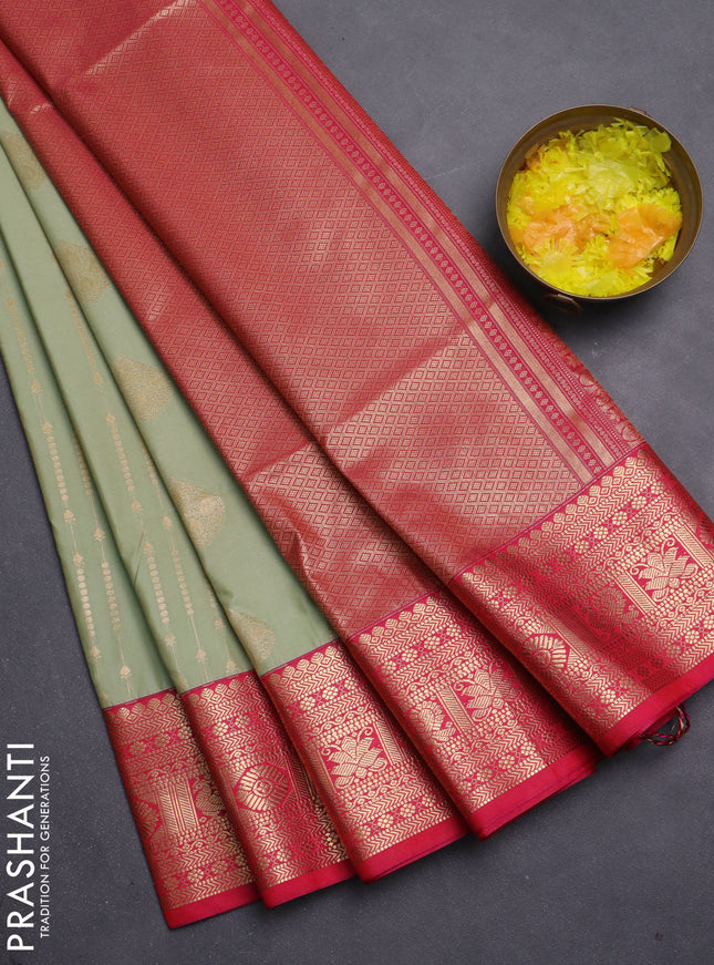 Semi soft silk saree pista green and pink with allover zari weaves & buttas and zari woven border