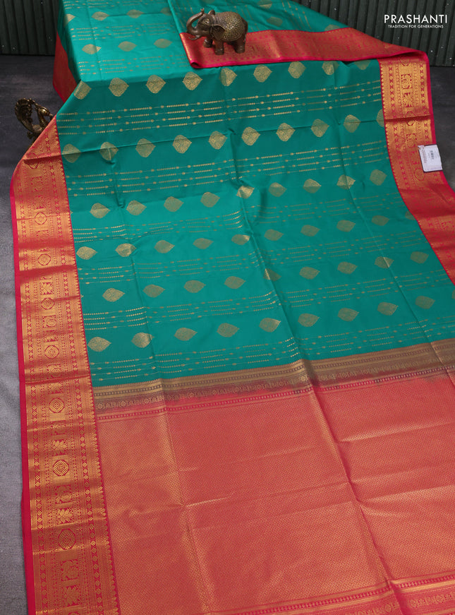 Semi soft silk saree green and pink with allover zari weaves & buttas and zari woven border