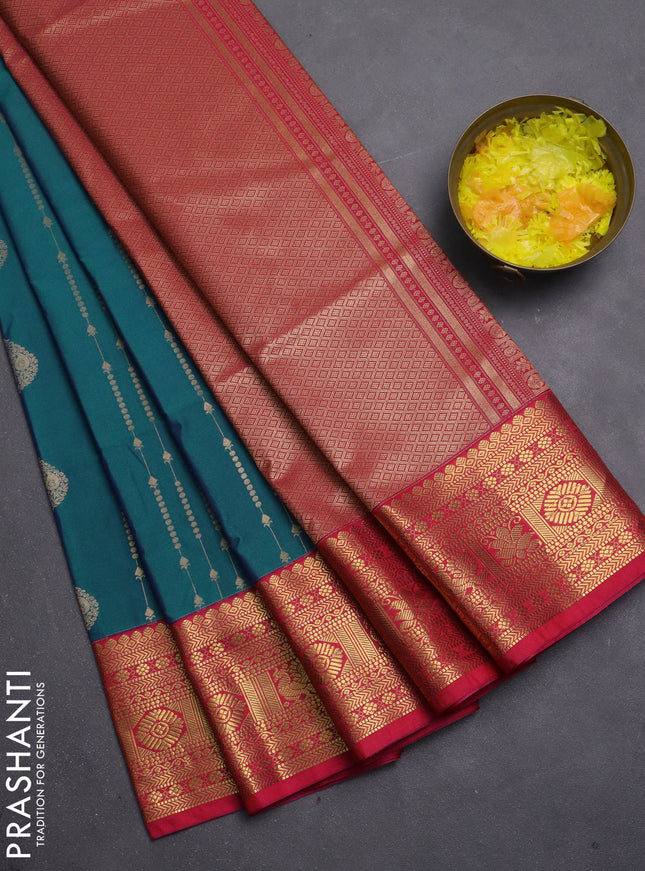 Semi soft silk saree peacock blue and pink with allover zari weaves & buttas and zari woven border