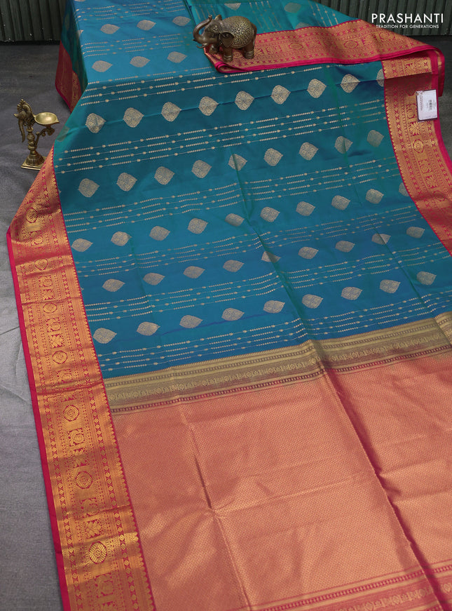 Semi soft silk saree peacock blue and pink with allover zari weaves & buttas and zari woven border