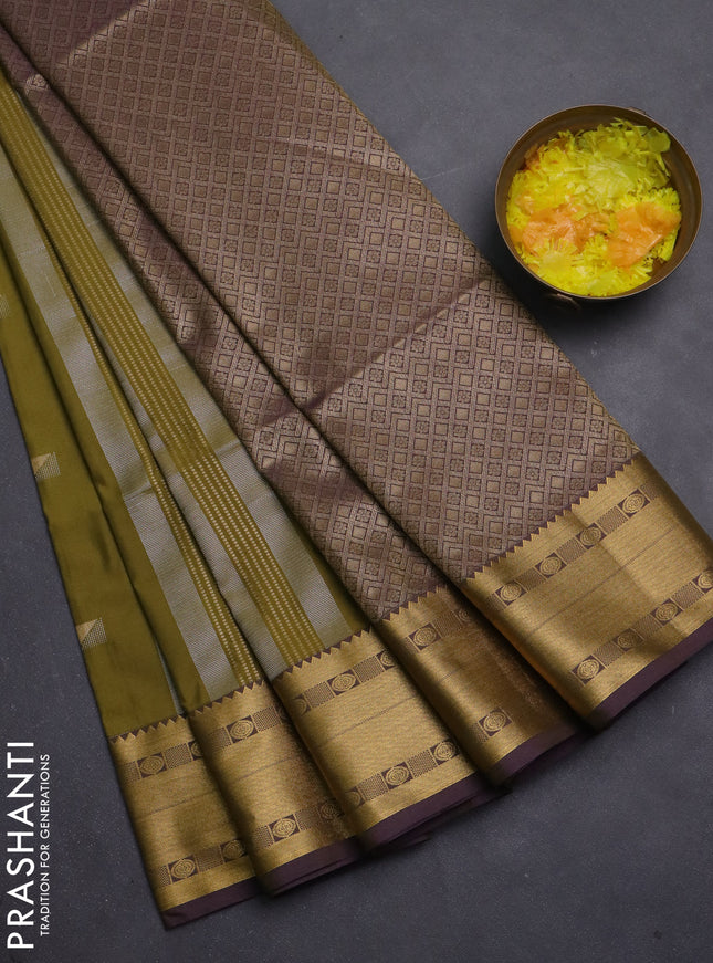 Semi soft silk saree mehendi green and dual shade of greenish purple with zari weaves & buttas and zari woven border