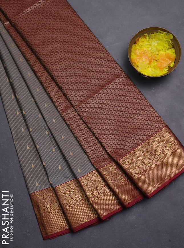 Semi soft silk saree grey and maroon with allover zari weaves & buttas and zari woven border