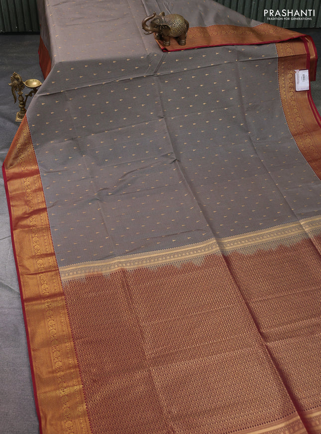 Semi soft silk saree grey and maroon with allover zari weaves & buttas and zari woven border