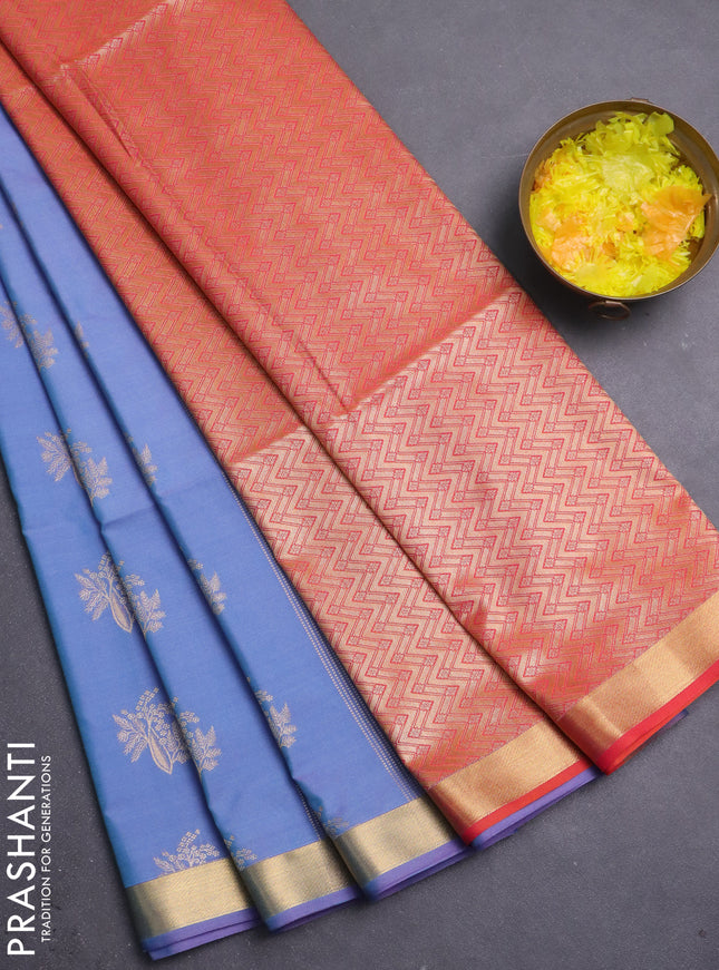 Semi soft silk saree dual shade of lavender and pinkish orange with allover zari weaves & buttas and small zari woven border