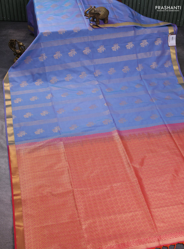 Semi soft silk saree dual shade of lavender and pinkish orange with allover zari weaves & buttas and small zari woven border