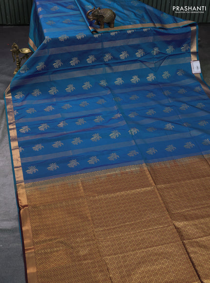 Semi soft silk saree blue and maroon with allover zari weaves & buttas and small zari woven border