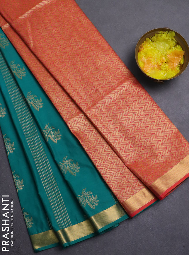 Semi soft silk saree green and pinkish orange with allover zari weaves & buttas and small zari woven border