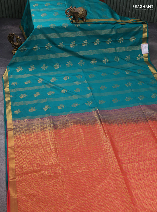Semi soft silk saree green and pinkish orange with allover zari weaves & buttas and small zari woven border