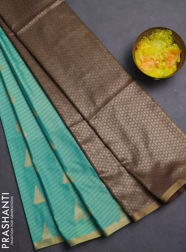 Semi soft silk saree teal green and coffee brown with allover thread weaves & temple zari woven buttas and small zari woven border