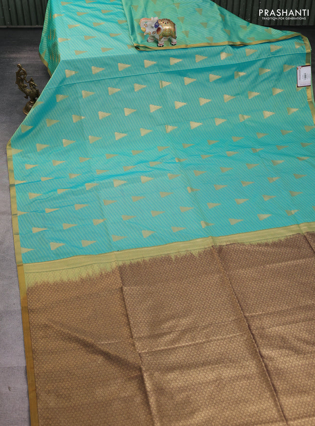 Semi soft silk saree teal green and coffee brown with allover thread weaves & temple zari woven buttas and small zari woven border