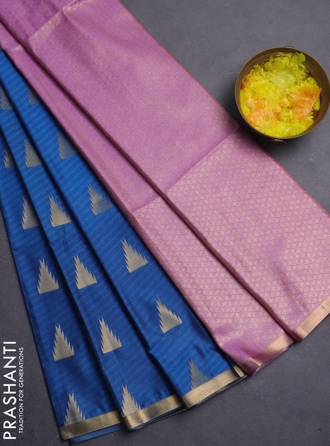 Semi soft silk saree peacock blue and lavender with allover thread weaves & temple zari woven buttas and small zari woven border