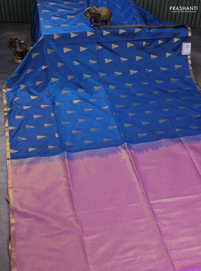 Semi soft silk saree peacock blue and lavender with allover thread weaves & temple zari woven buttas and small zari woven border