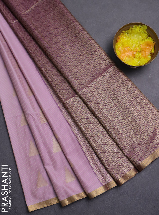 Semi soft silk saree pastel pink and violet with allover thread weaves & temple zari woven buttas and small zari woven border