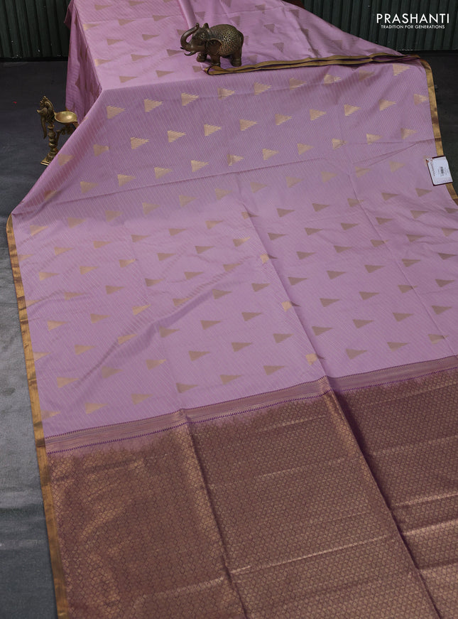 Semi soft silk saree pastel pink and violet with allover thread weaves & temple zari woven buttas and small zari woven border