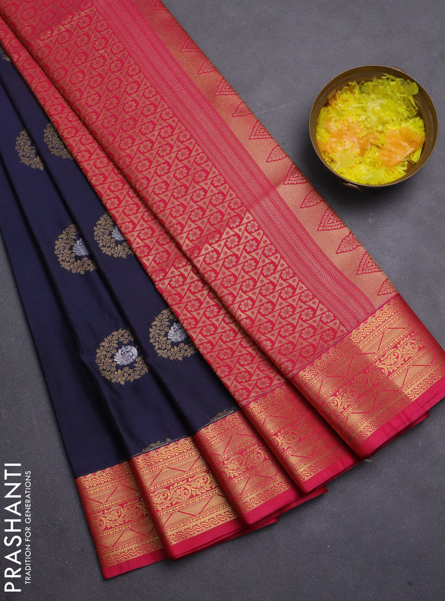 Semi soft silk saree navy blue and pink with allover rudraksha zari woven buttas and zari woven korvai border