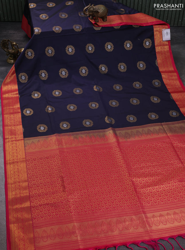 Semi soft silk saree navy blue and pink with allover rudraksha zari woven buttas and zari woven korvai border