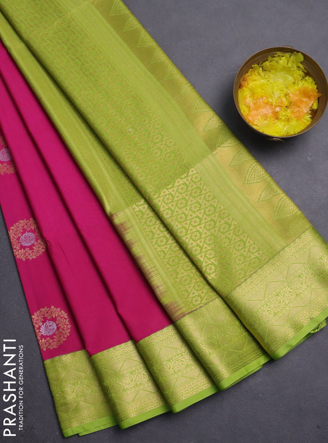 Semi soft silk saree pink and light green with allover rudraksha zari woven buttas and zari woven korvai border