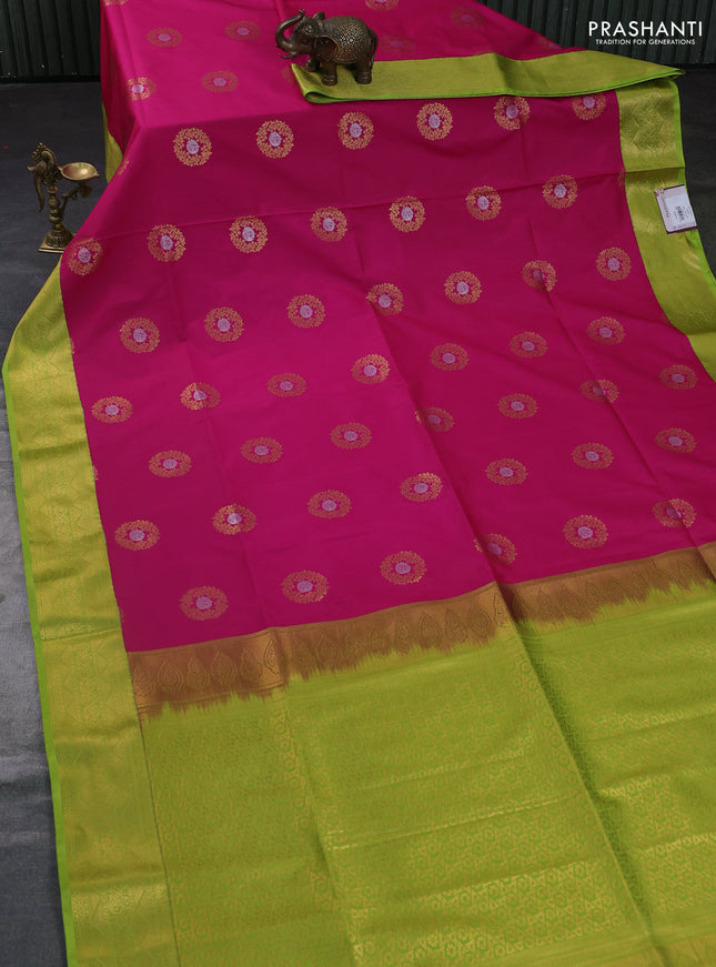 Semi soft silk saree pink and light green with allover rudraksha zari woven buttas and zari woven korvai border