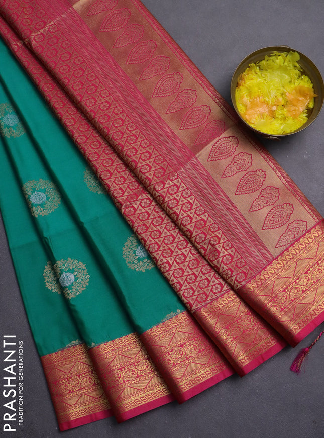 Semi soft silk saree teal green and pink with allover rudraksha zari woven buttas and zari woven korvai border