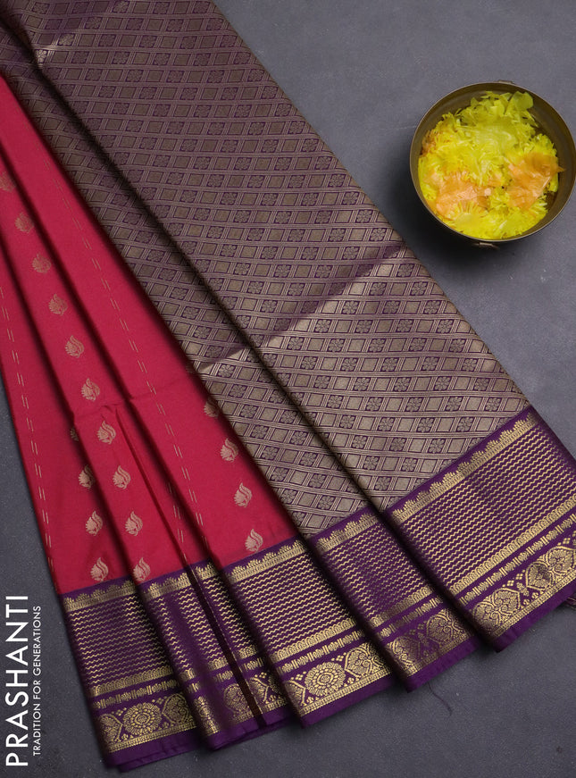 Semi soft silk saree pink and purple with allover zari woven buttas and zari woven border