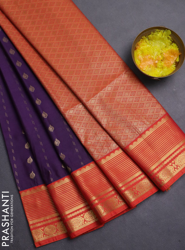 Semi soft silk saree violet and orange with allover zari woven buttas and zari woven border