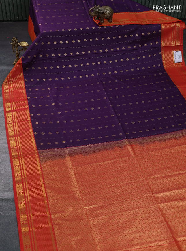 Semi soft silk saree violet and orange with allover zari woven buttas and zari woven border
