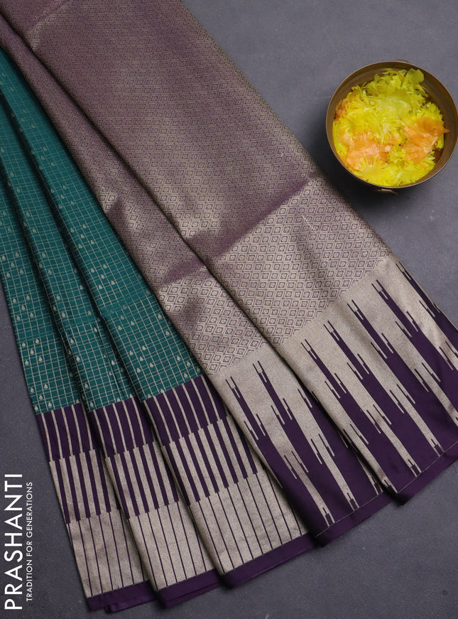 Semi soft silk saree bottle green and purple with allover small checks & buttas and temple long zari woven border