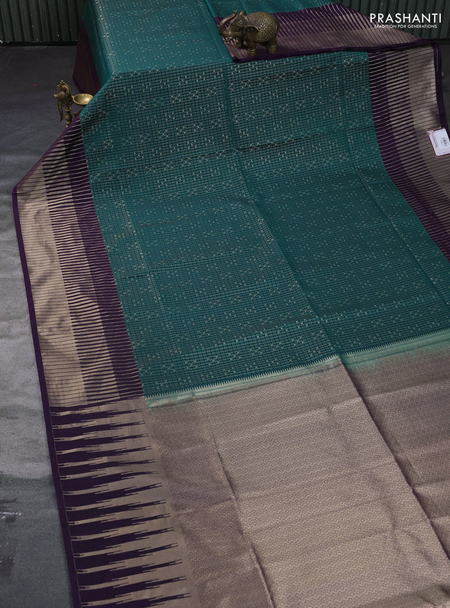 Semi soft silk saree bottle green and purple with allover small checks & buttas and temple long zari woven border
