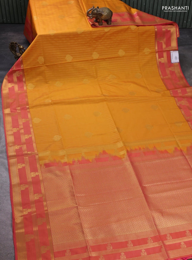 Semi soft silk saree mustard yellow and peach pink with allover zari weaves & buttas and zari woven border