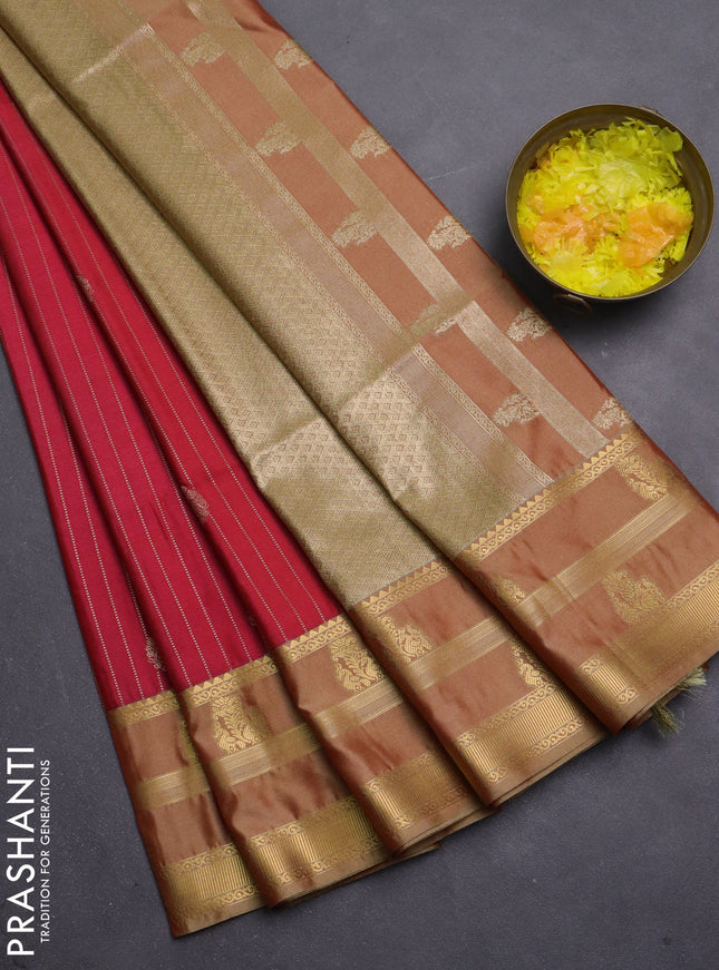 Semi soft silk saree red and pastel green with allover zari weaves & buttas and zari woven border