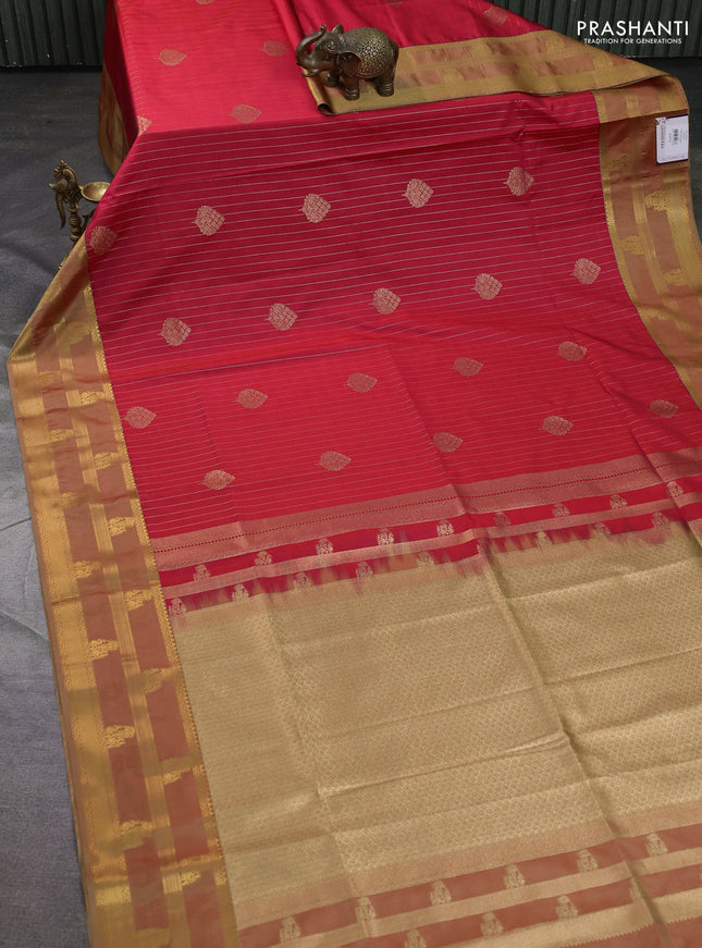 Semi soft silk saree red and pastel green with allover zari weaves & buttas and zari woven border