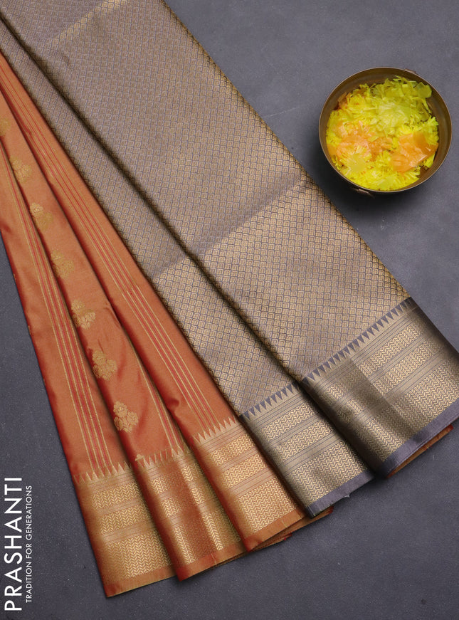Semi soft silk saree dual shade of orange and grey with allover zari weaves & buttas and zari woven korvai border