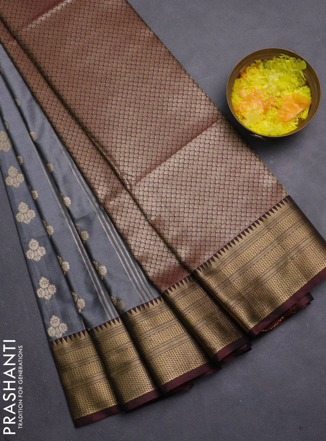 Semi soft silk saree grey and deep maroon with allover zari weaves & buttas and zari woven korvai border