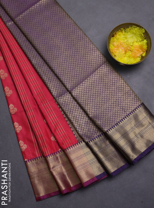 Semi soft silk saree tomato pink and purple with allover zari weaves & buttas and zari woven korvai border