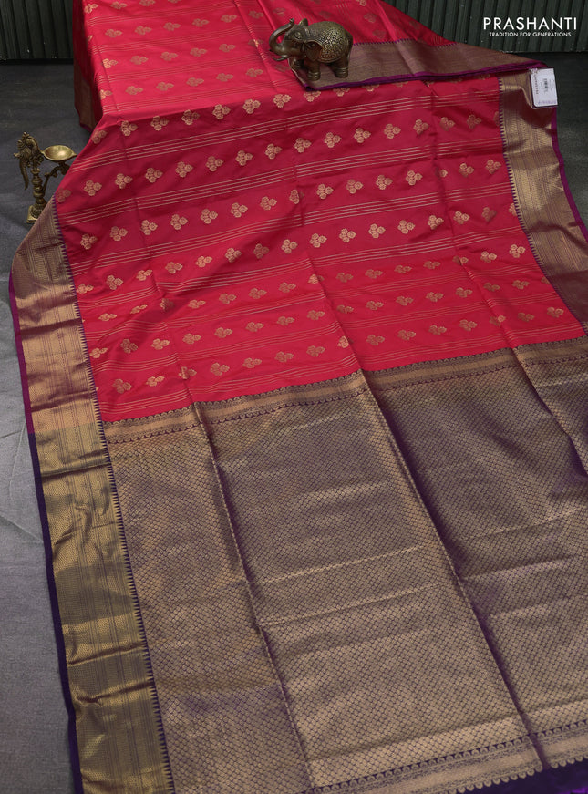Semi soft silk saree tomato pink and purple with allover zari weaves & buttas and zari woven korvai border