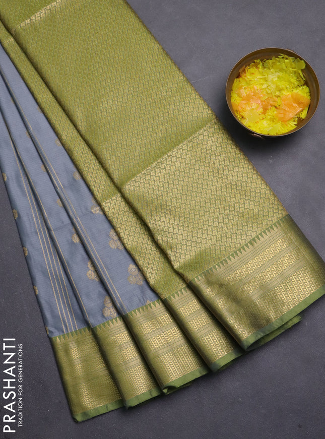 Semi soft silk saree grey and lime green with allover zari weaves & buttas and zari woven korvai border