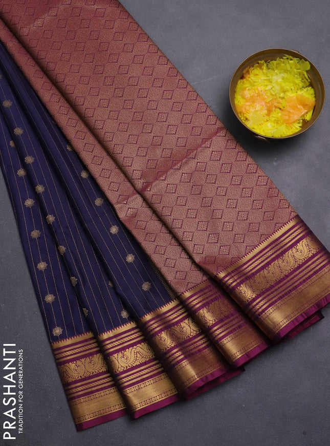 Semi soft silk saree navy blue and dark magenta pink with allover zari weaves & buttas and zari woven korvai border
