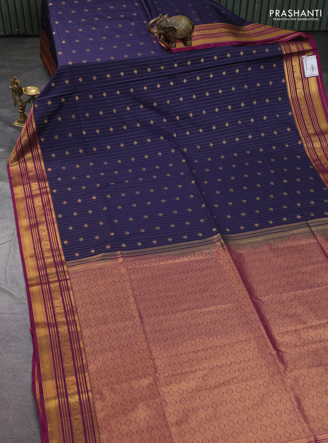 Semi soft silk saree navy blue and dark magenta pink with allover zari weaves & buttas and zari woven korvai border