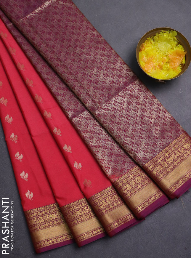Semi soft silk saree pink shade and dual shade of purple with allover zari woven buttas and zari woven korvai border