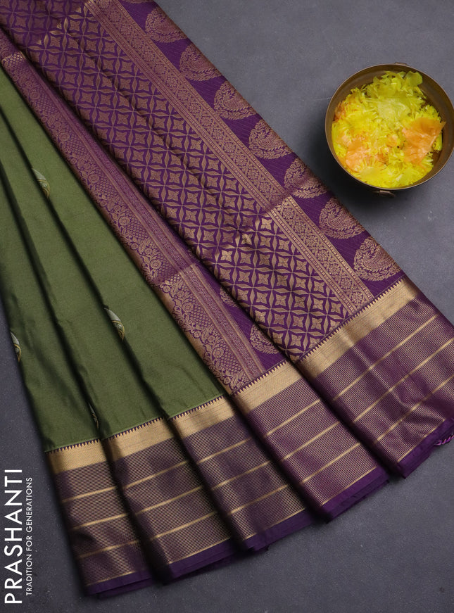 Semi soft silk saree sap green and violet with allover paisley zari woven buttas and zari woven border