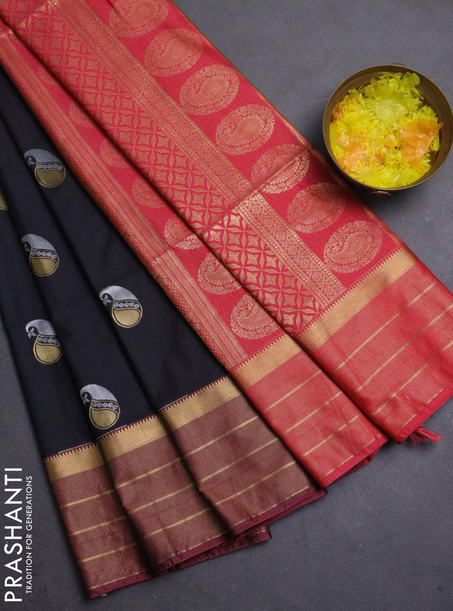 Semi soft silk saree black and peach pink with allover paisley zari woven buttas and zari woven border
