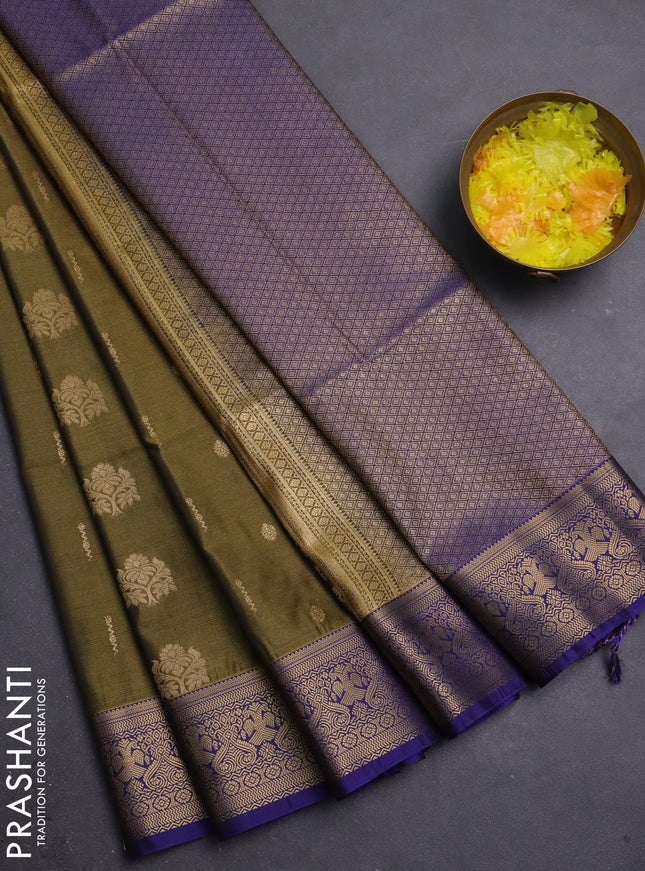 Semi soft silk saree mehendi green and navy blue with allover zari woven buttas and zari woven korvai border