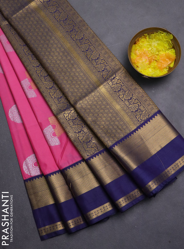 Semi soft silk saree pink and navy blue with zari woven buttas and rettapet zari woven border
